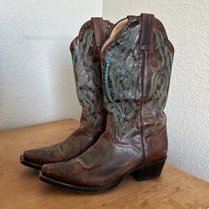 Brown Leather Cowboy Boots Turquoise Accents